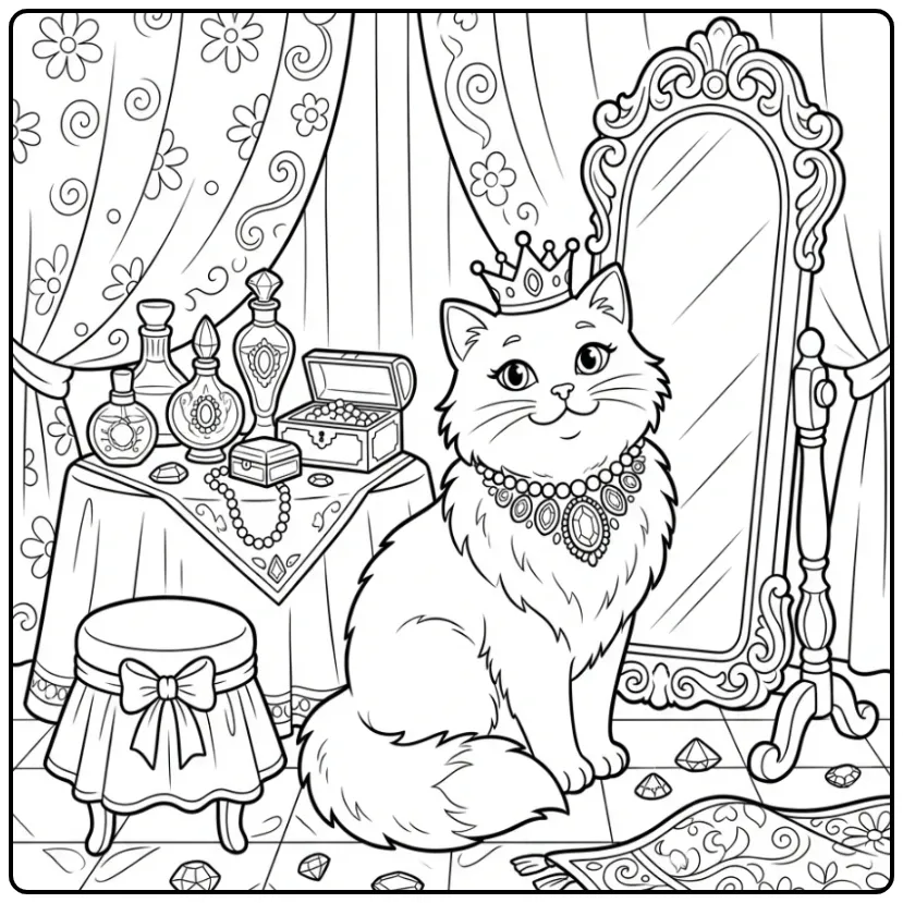 Difficult Cat coloring page with a luxury mirror