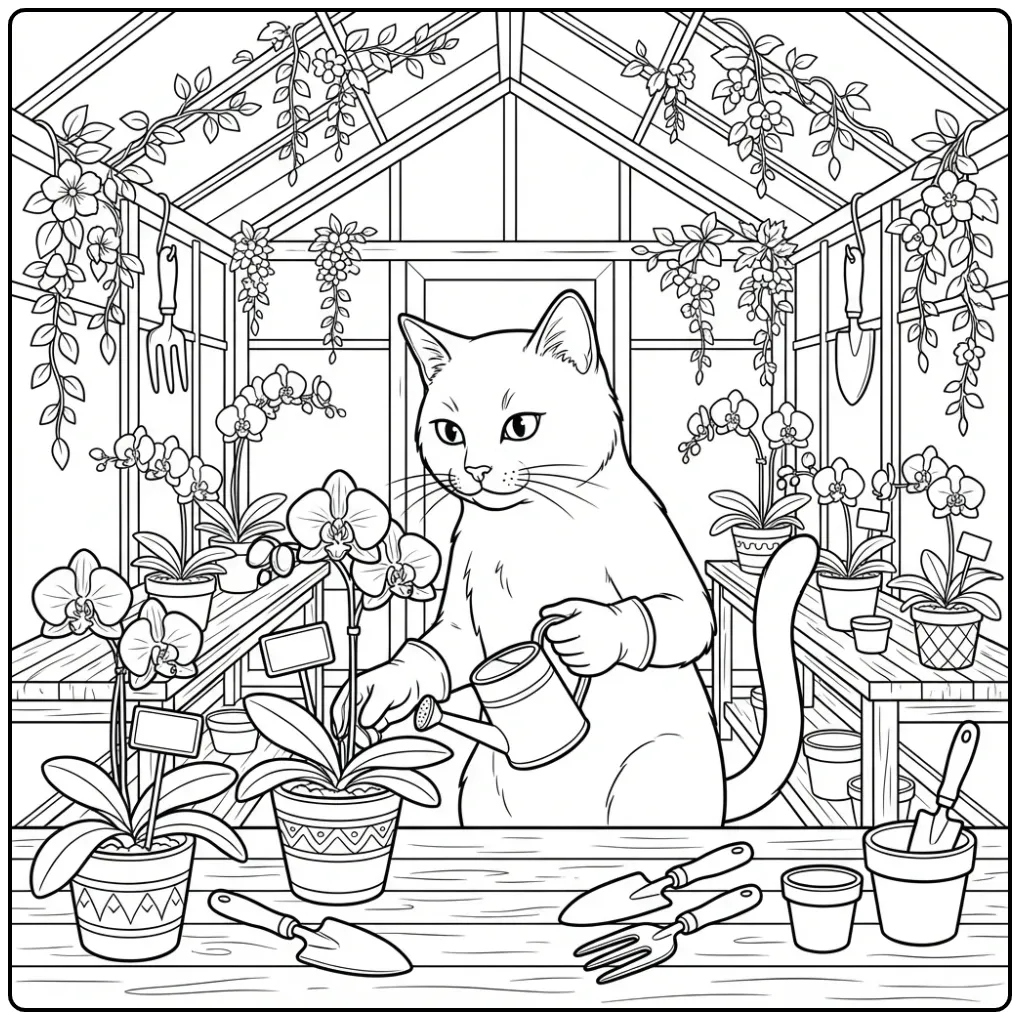 Difficult Cat coloring page watering plants in a greenhouse