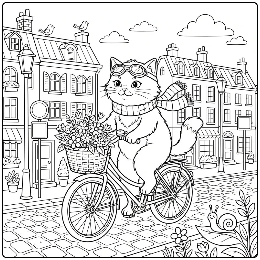 Difficult Cat coloring page on a city bicycle