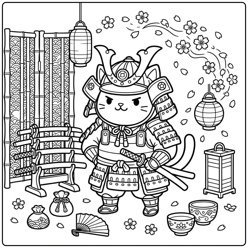 Difficult Cat coloring page as a samurai