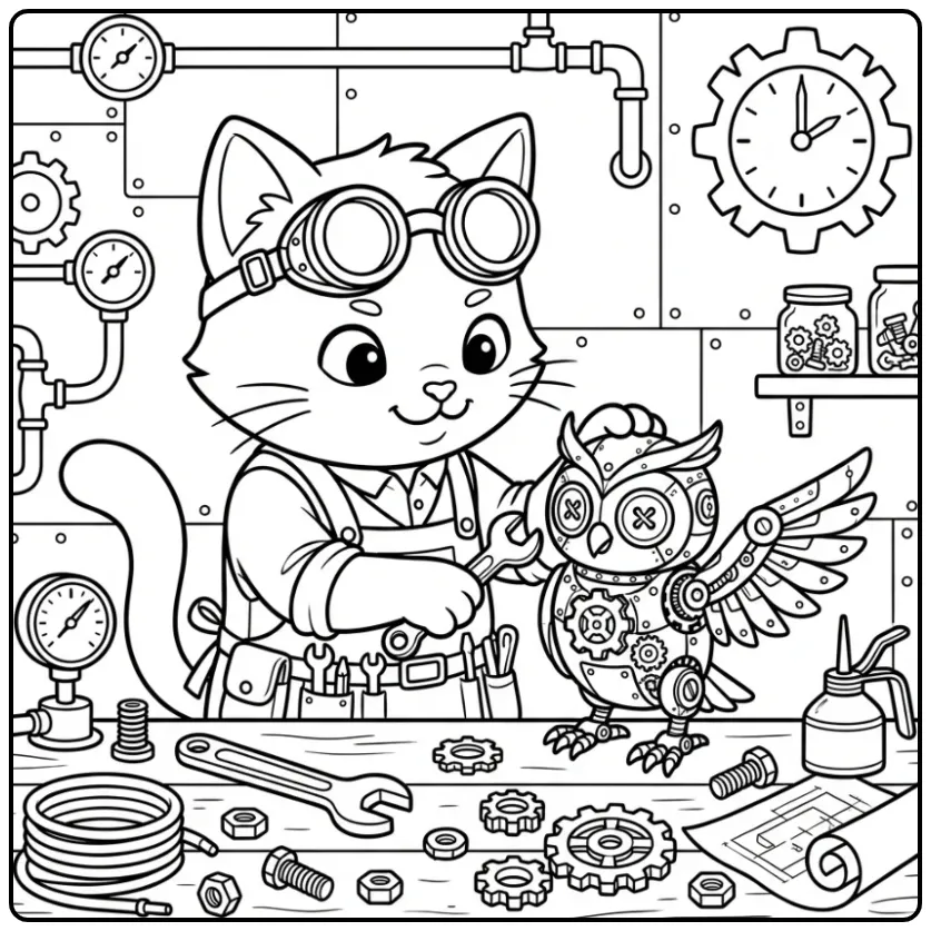 Difficult Cat coloring page steampunk inventor with robot owl