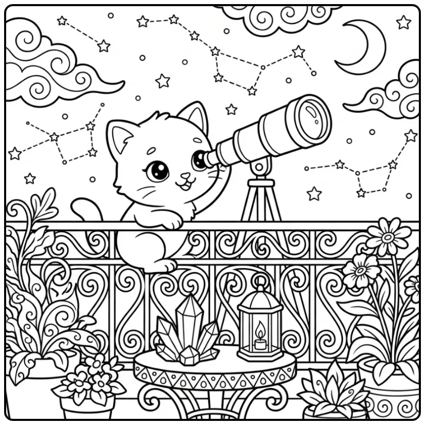 Difficult Cat coloring page with telescope and stars
