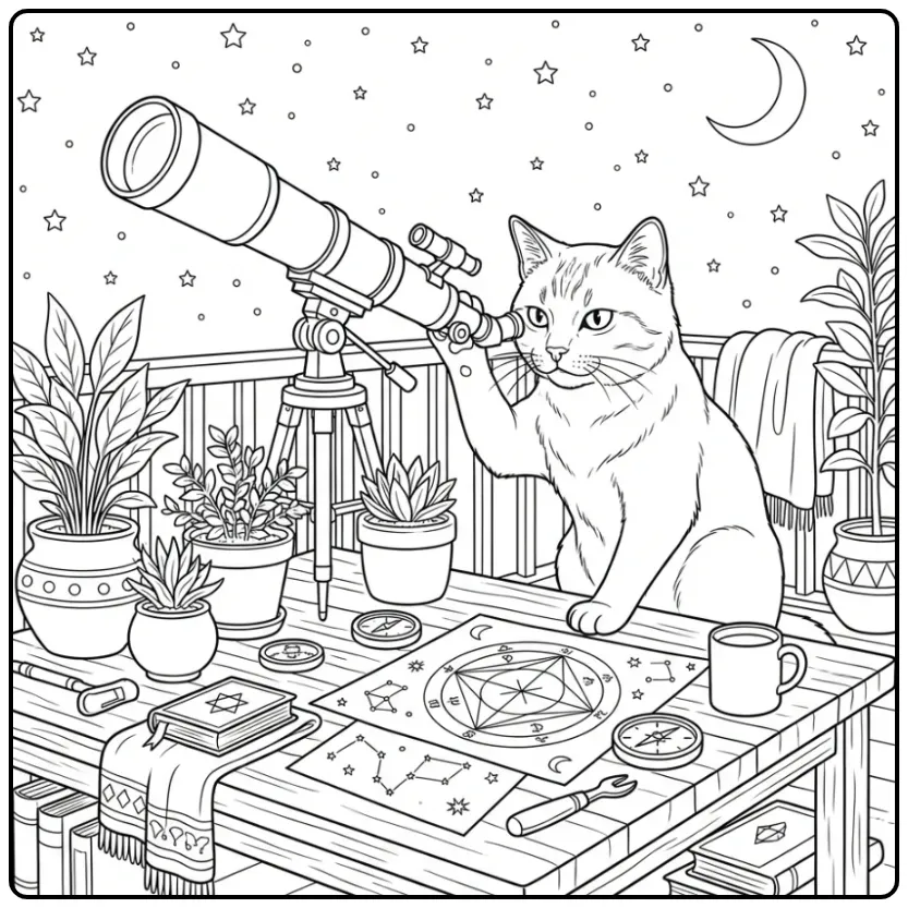 Difficult Cat coloring page with a telescope