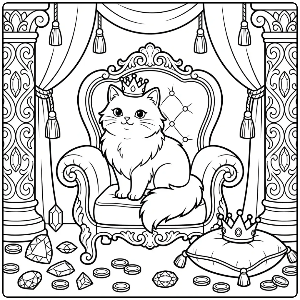 Difficult Cat coloring page on a throne