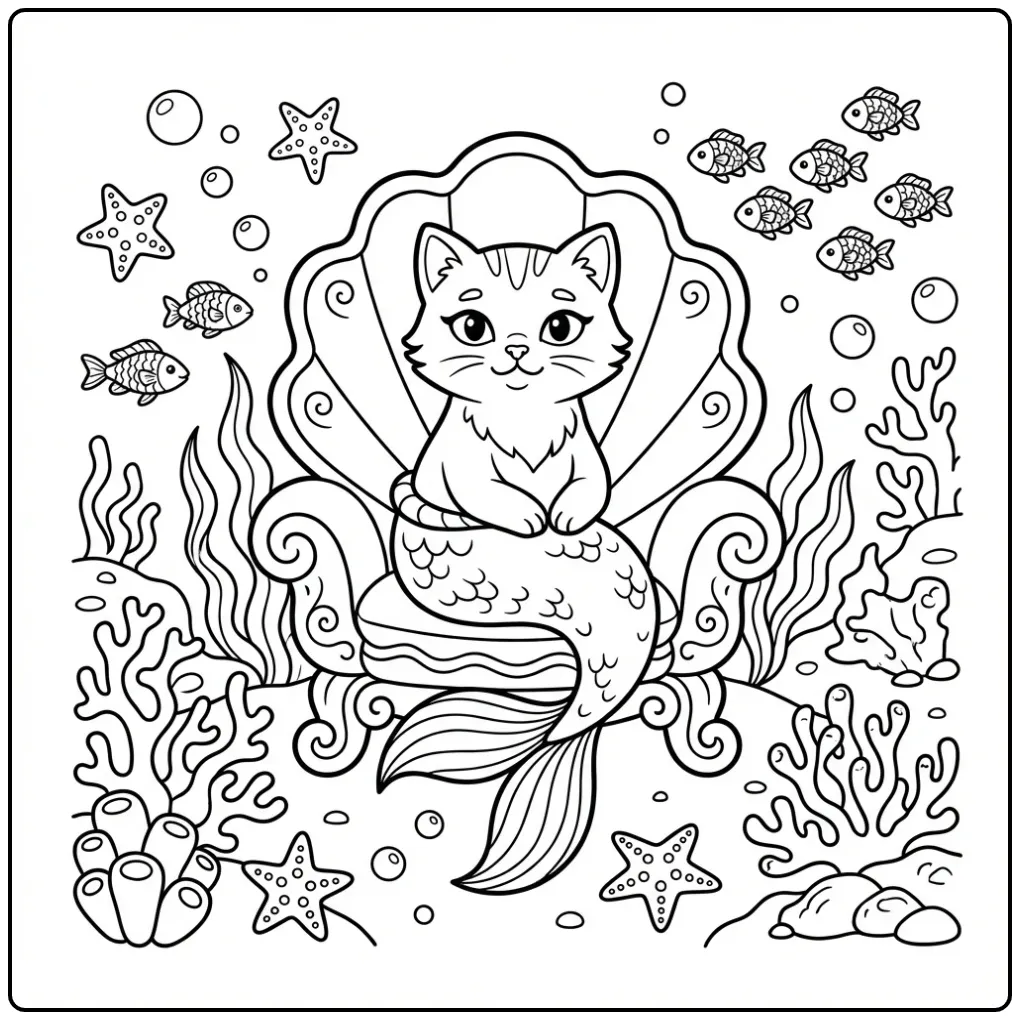 Difficult Cat coloring page as a mermaid on a throne