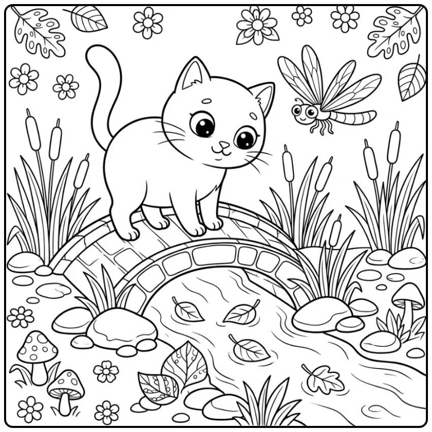 Cat coloring page on a small bridge by a stream