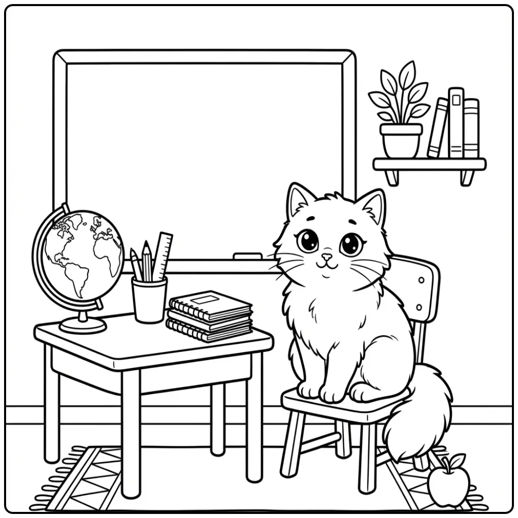 Cat coloring page sitting at a school desk