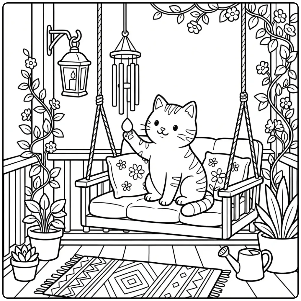 Cat coloring page playing with a wind chime on the porch