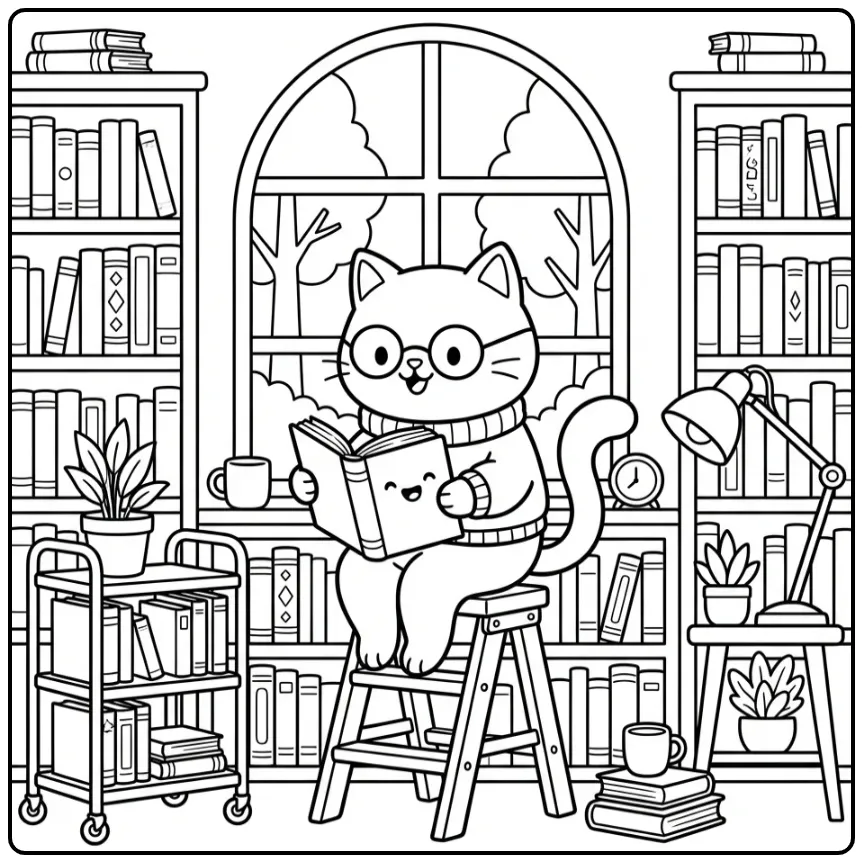 Adult Cat coloring page reading on a ladder