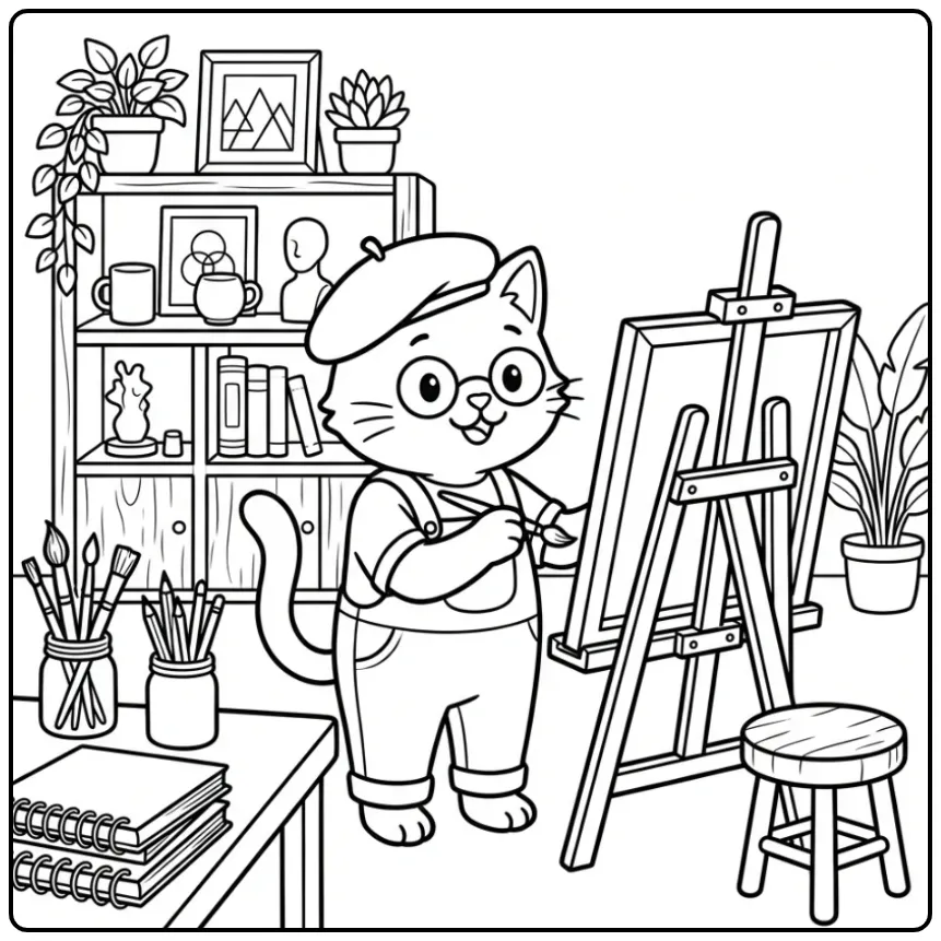 Adult Cat coloring page in an art studio