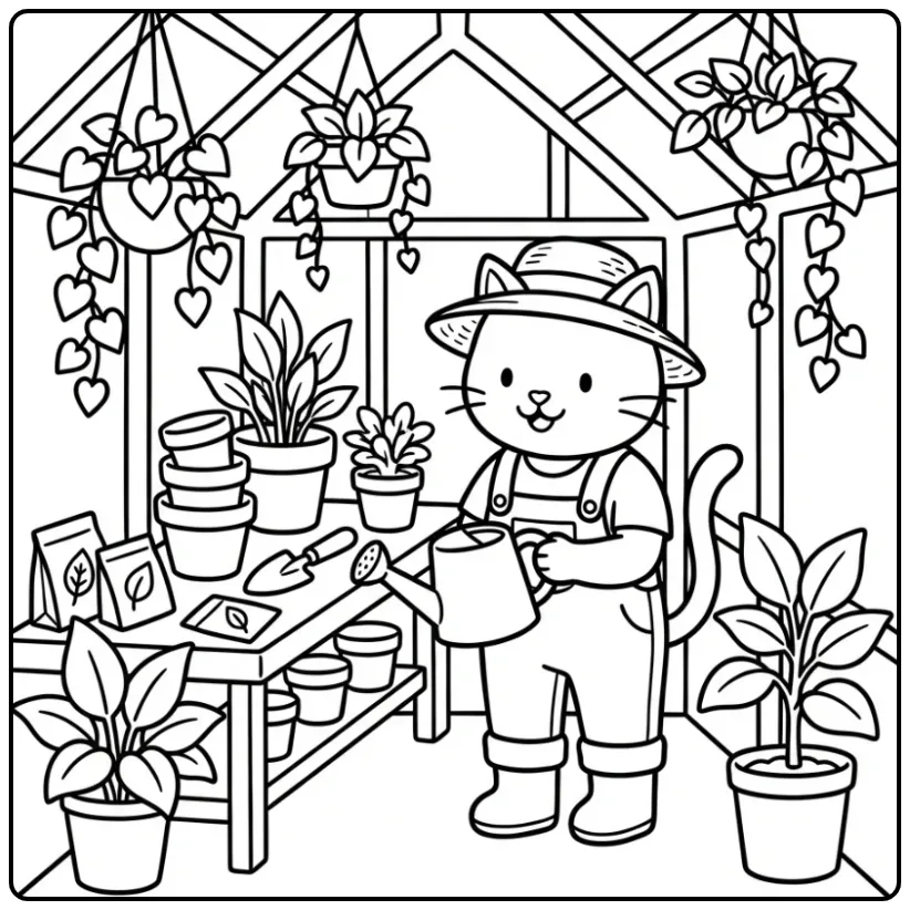 Adult Cat coloring page gardening in a greenhouse