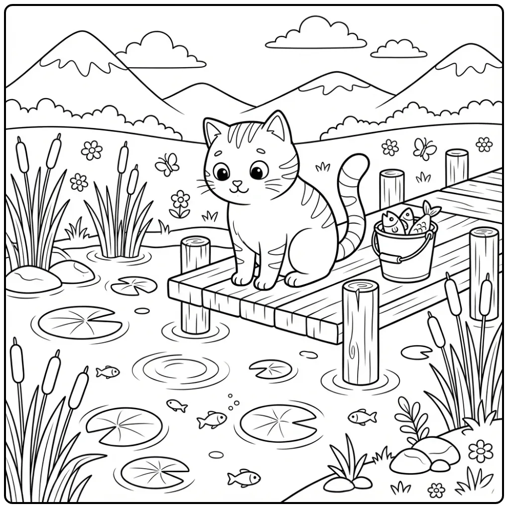 Cat coloring page looking at lilies in a pond