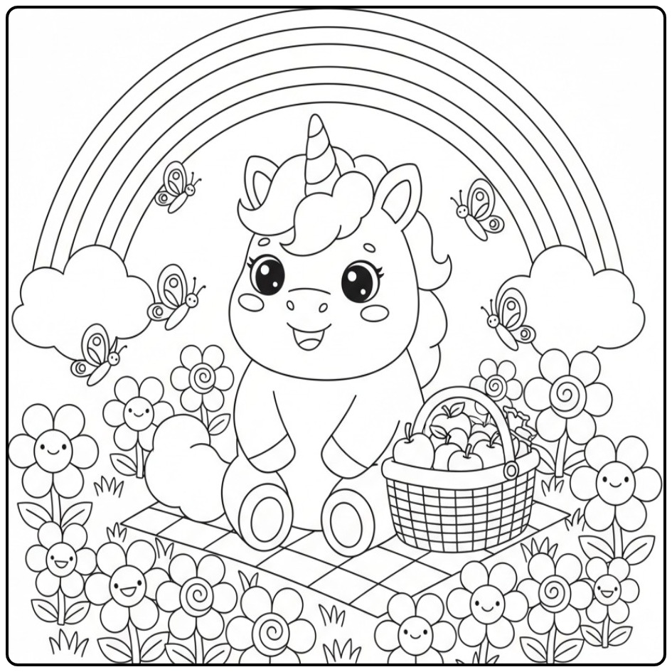 Kawaii Chibi Rainbow Unicorn in a Flower Meadow coloring page