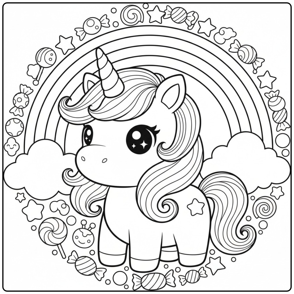 Kawaii Chibi Rainbow Unicorn with Clouds and Stars coloring page