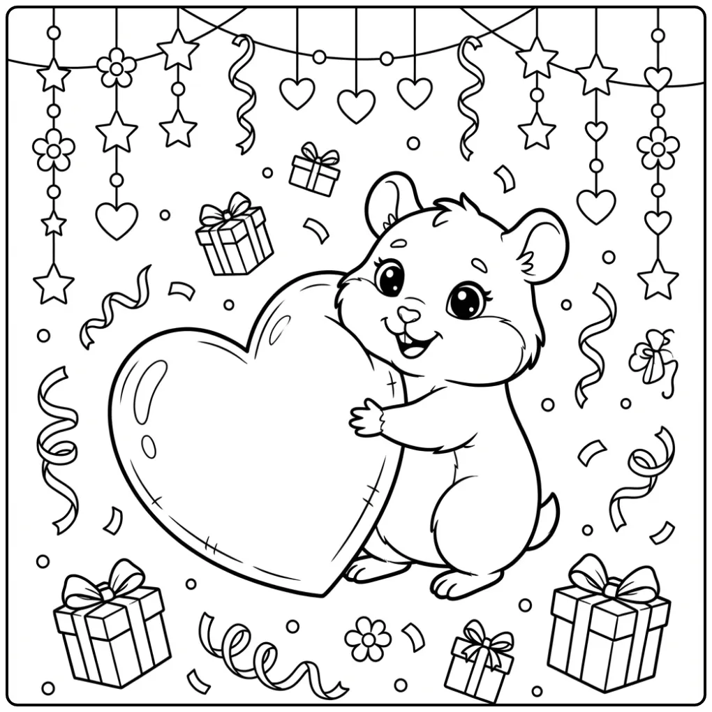 Kawaii Hamster coloring page hugging a large heart