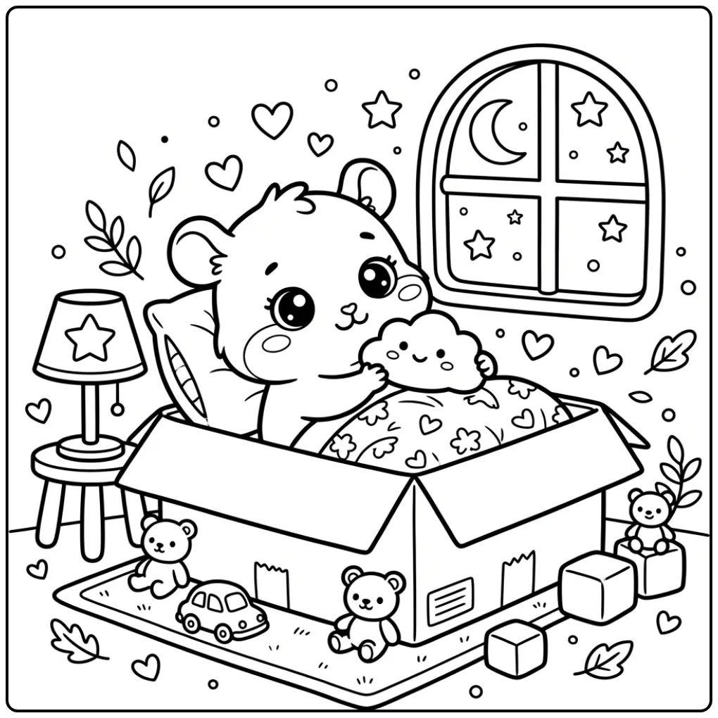 Kawaii Hamster coloring page sleeping in a small box