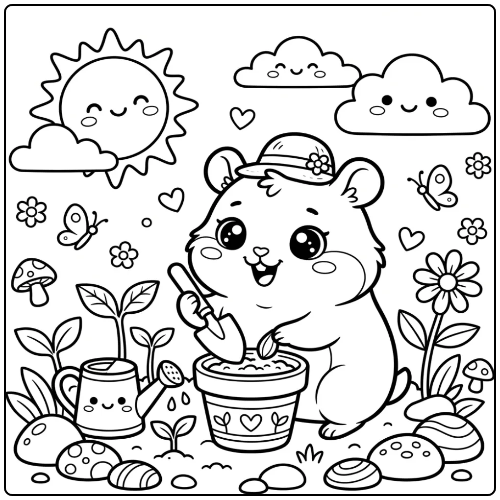 Kawaii Hamster coloring page planting seeds in the garden
