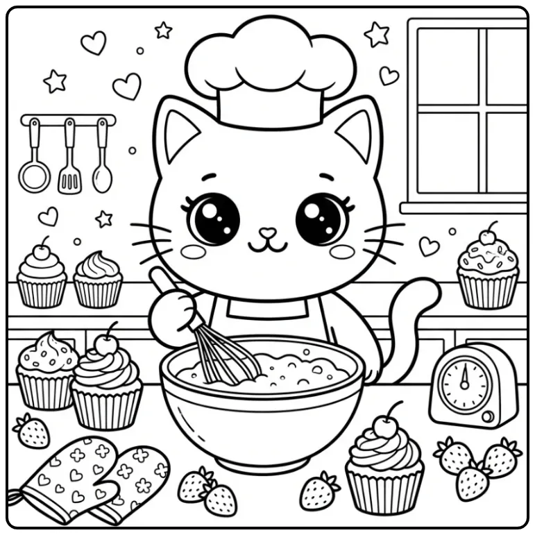 Kawaii Cat coloring page chef with batter and cupcakes