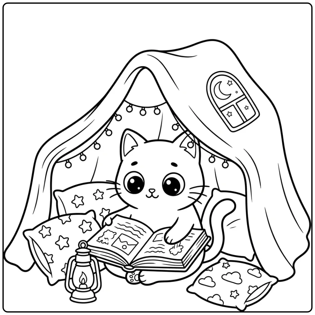 Kawaii Cat coloring page under blankets with a book