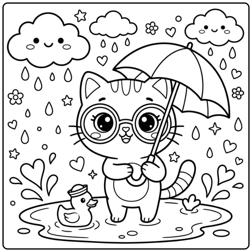 Kawaii Cat coloring page with a duck in the rain