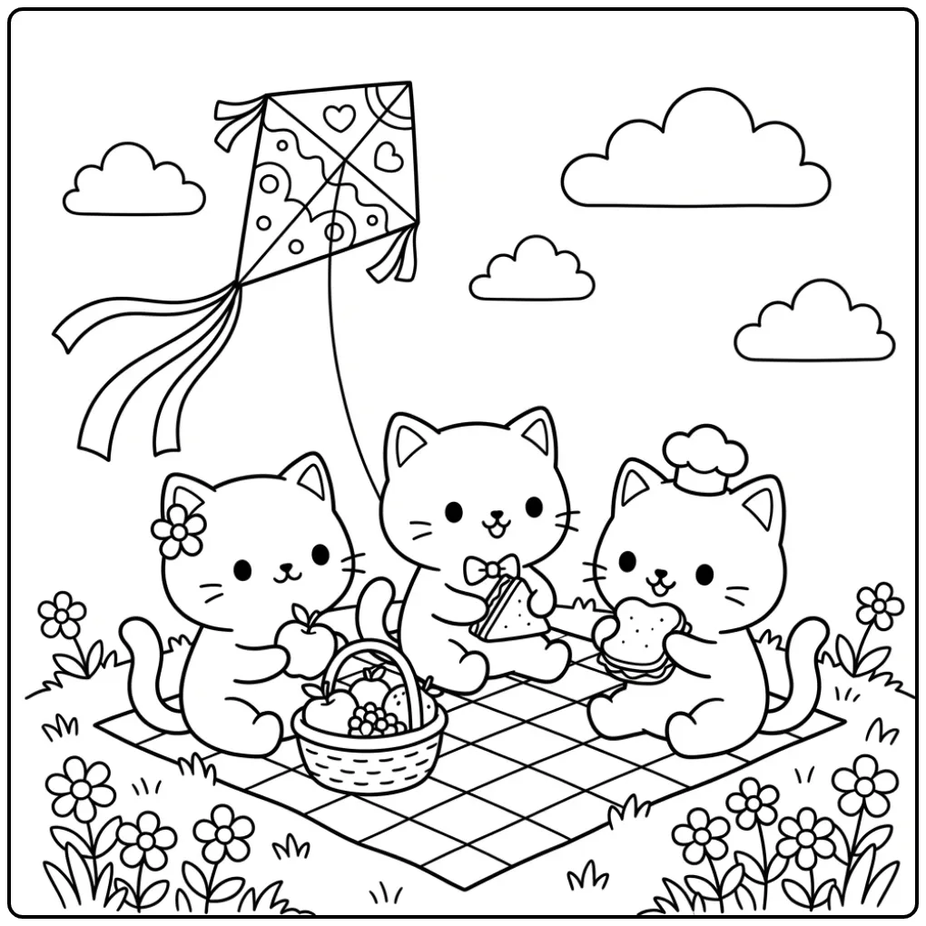Kawaii Cat coloring page with three kittens at a picnic