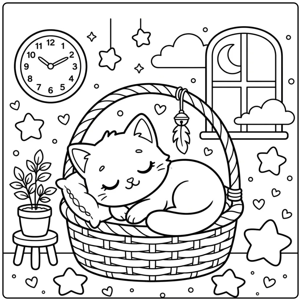 Kawaii Cat coloring page with stars and toys