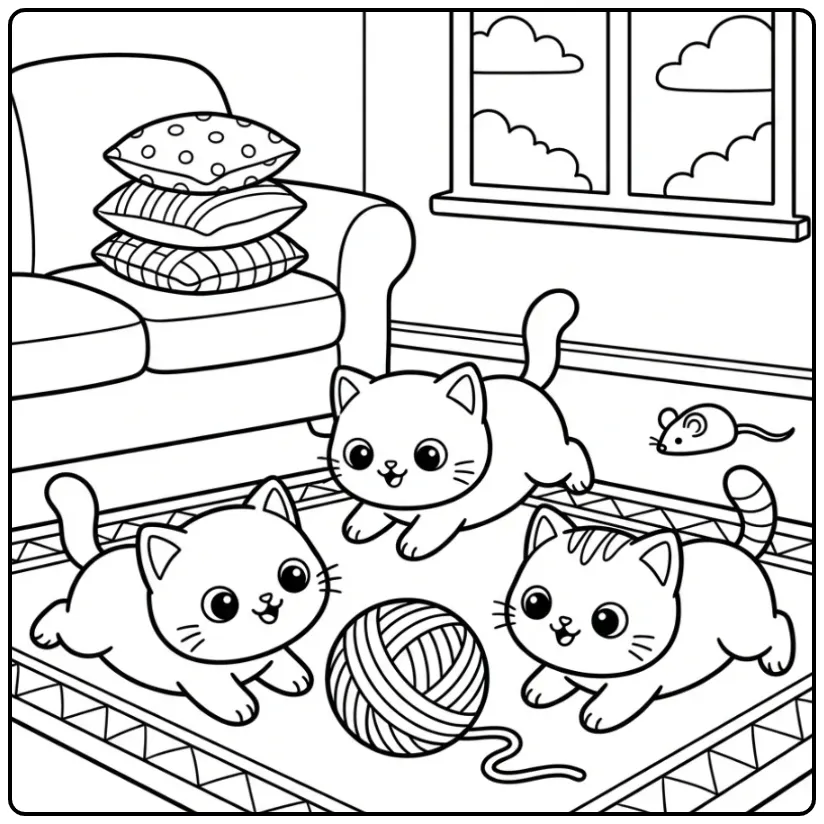 Kawaii Cat coloring page with three kittens playing with yarn