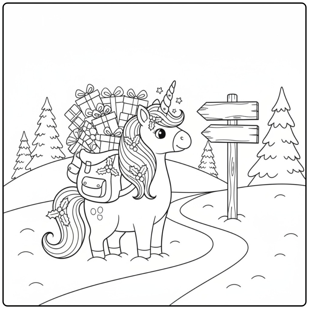 Christmas Unicorn Gifts Delivering coloring page