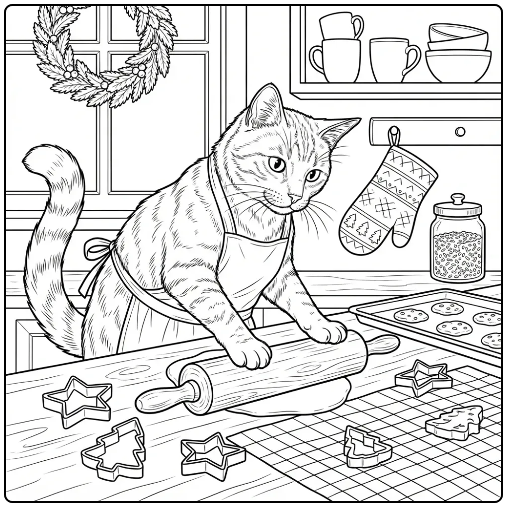 Christmas Cat coloring page with apron and cookie cutters