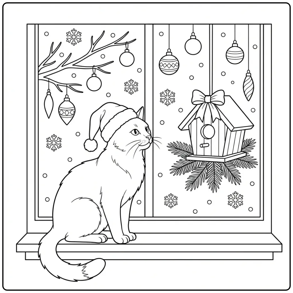 Christmas Cat coloring page by the window