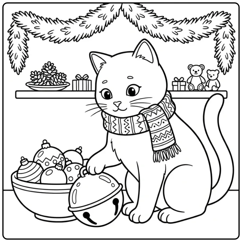 Christmas Cat coloring page with scarf and ornaments