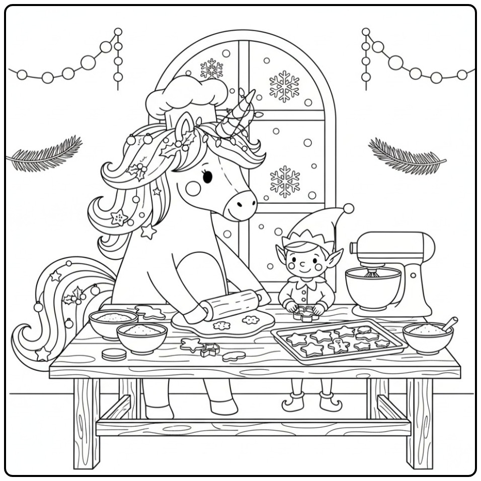Christmas Unicorn Baking Cookies with a Fairy coloring page