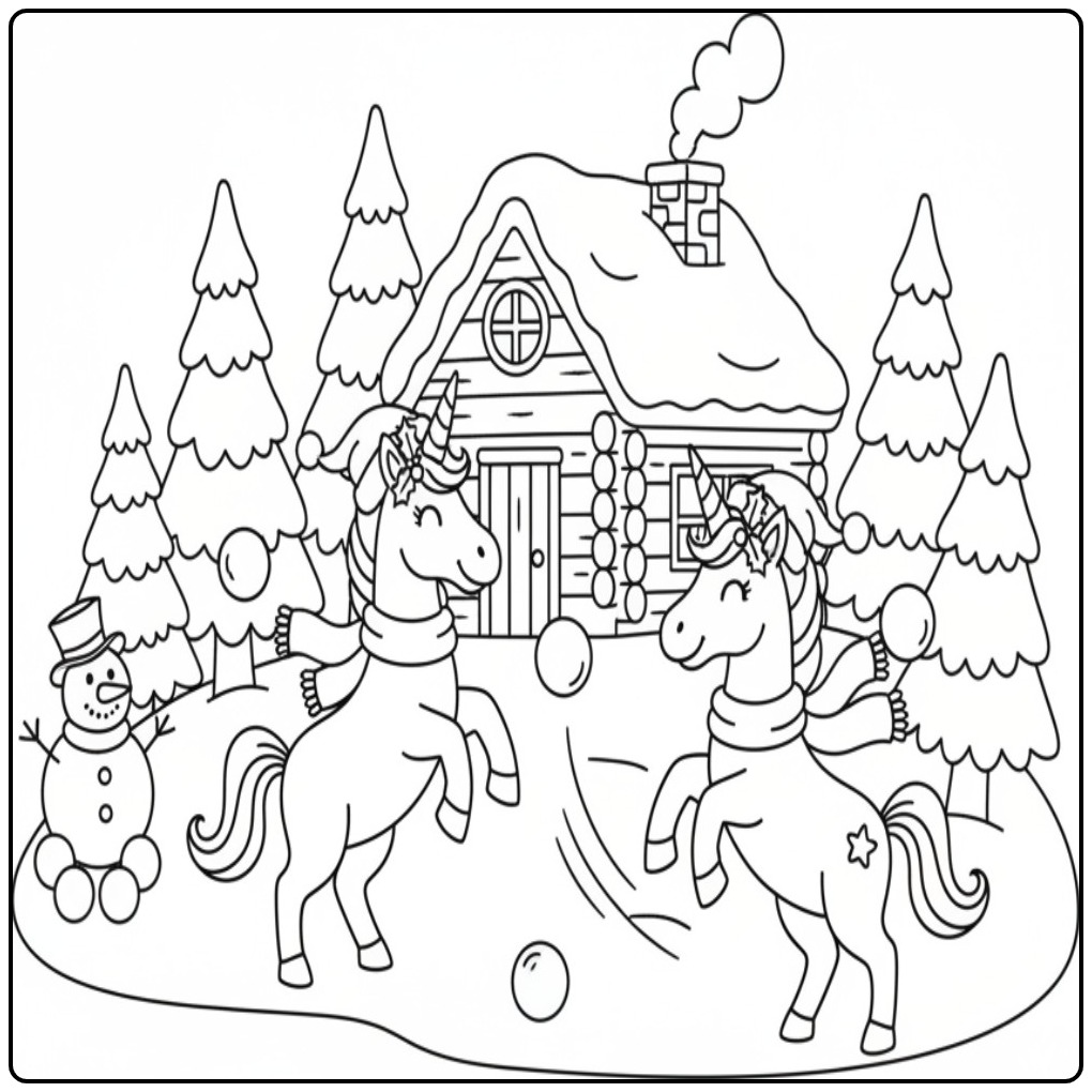 Christmas Unicorn Unicorns Playing in the Snow coloring page