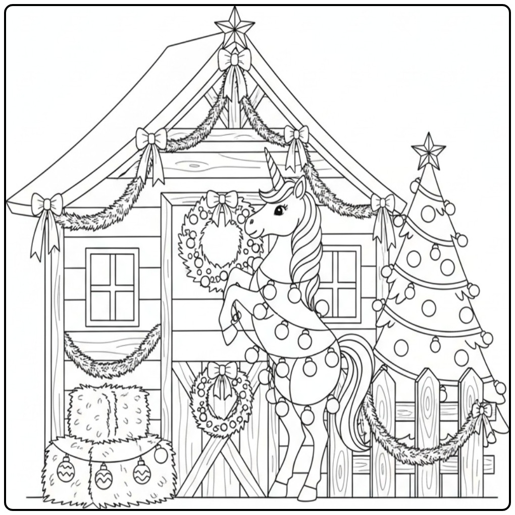 Festive Christmas Unicorn coloring page