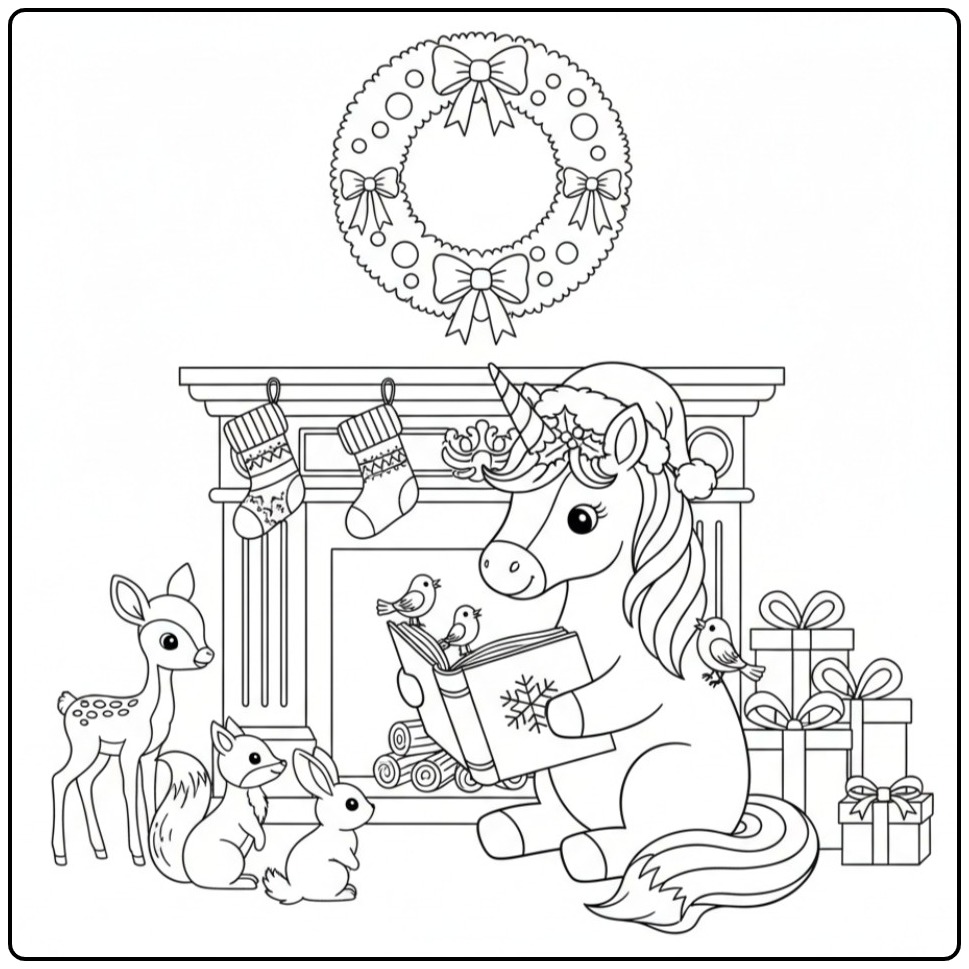 Christmas Festive Unicorn with Gifts coloring page