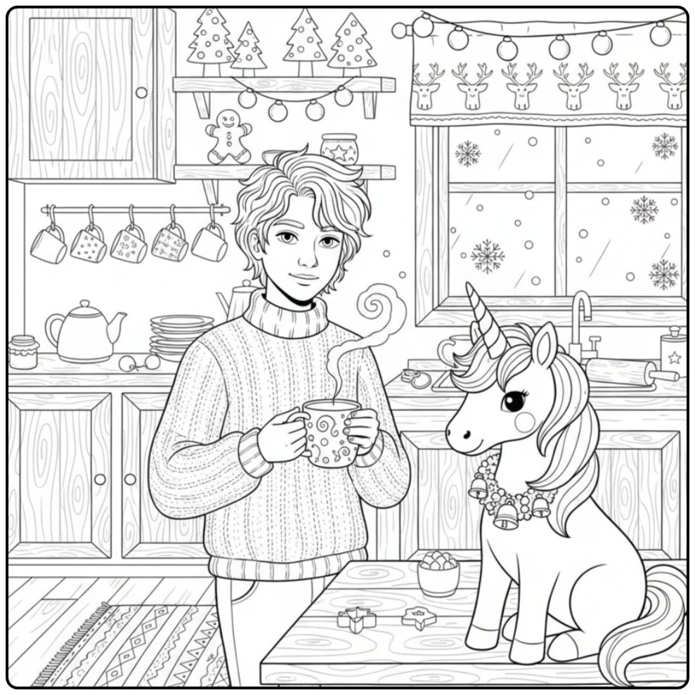 Christmas Unicorn Cozy in the Kitchen coloring page