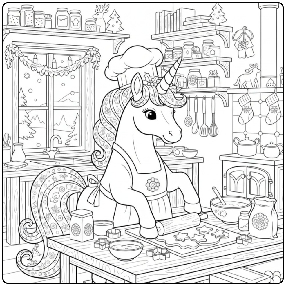 Christmas Unicorn in the Kitchen Download Now coloring page
