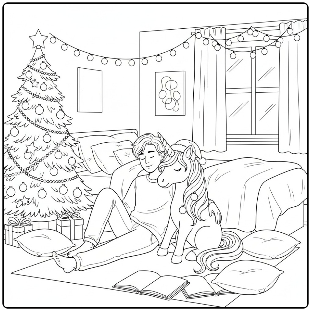 Christmas Kerstvreugde with Unicorn and Boy coloring page