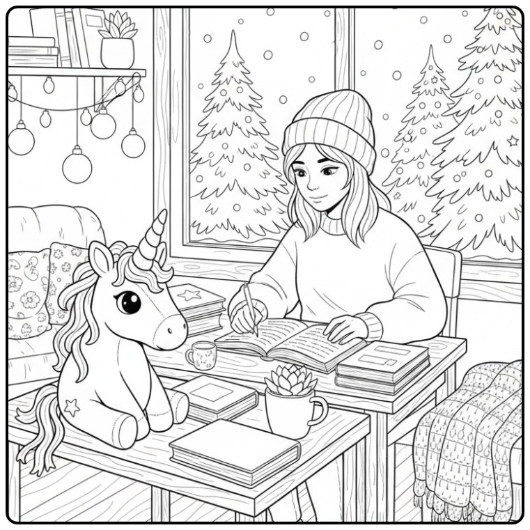 Unicorn Girl Studying with Christmas Decorations coloring page