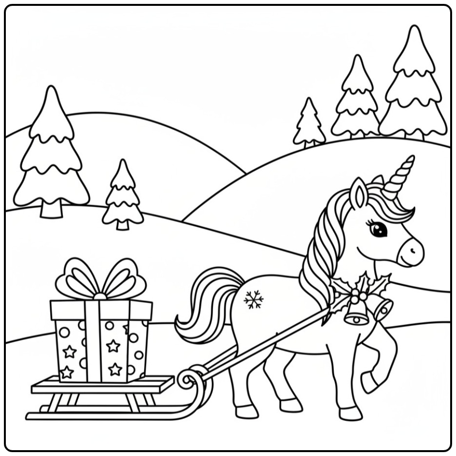 Christmas Unicorn with Gift in Winterwonderland coloring page