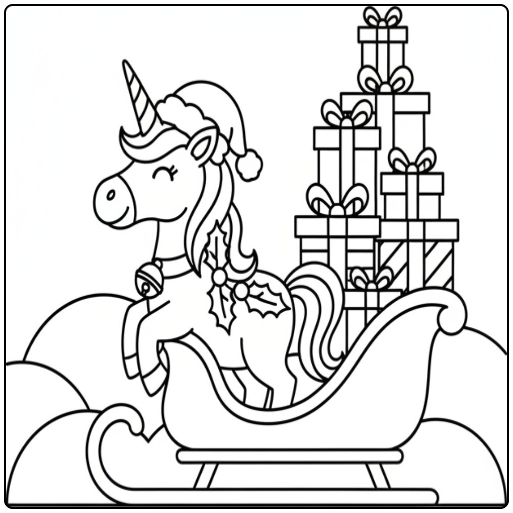 Christmas Unicorn with Gifts in the Sleigh coloring page