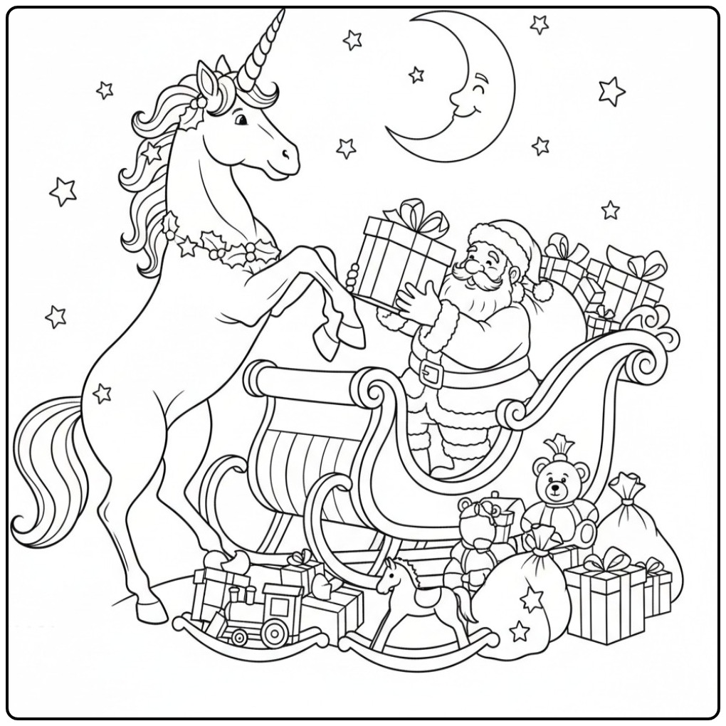 Christmas Unicorn with the Santa and Gifts coloring page