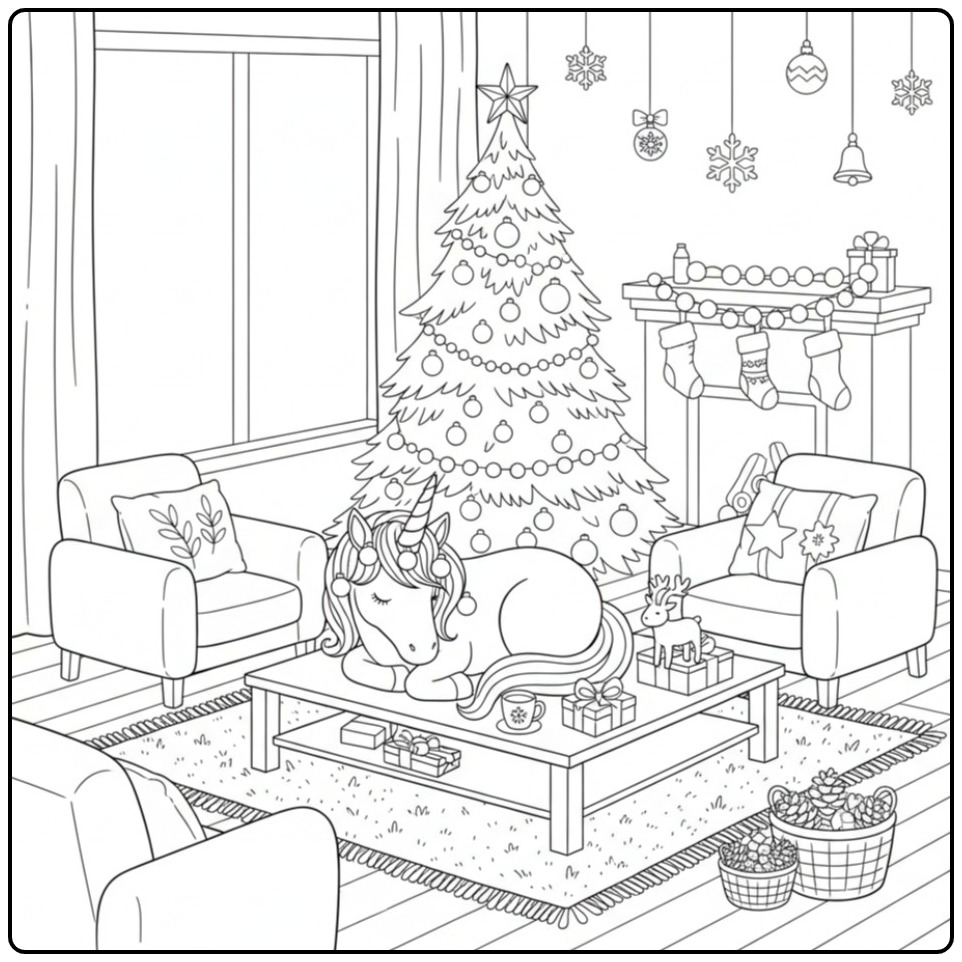 Christmas with a Cute Unicorn coloring page