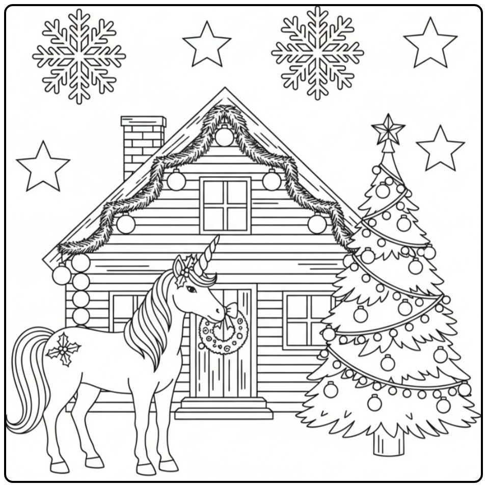 Unicorn with Christmas Tree Perfect coloring page