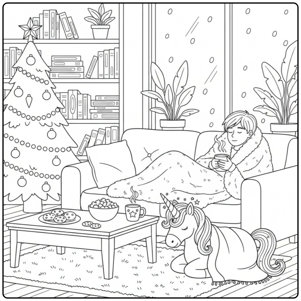 Unicorn Relaxen with the Christmas Tree Many Fun coloring page