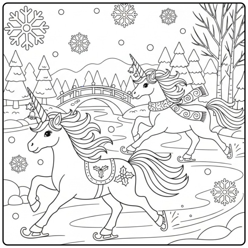 Christmas Unicorn Ice Skating in the Snow coloring page