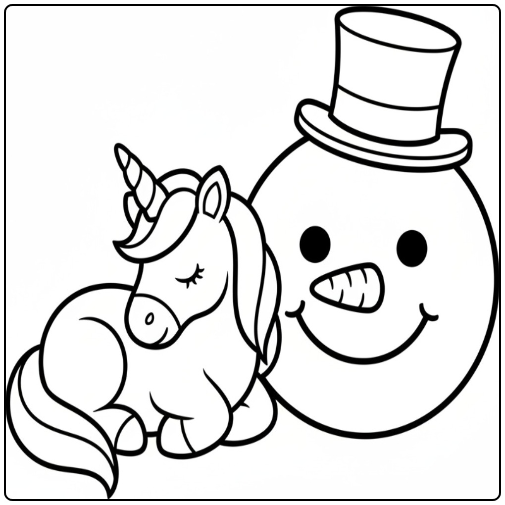 Christmas Cute Unicorn and Cheerful Snowman coloring page
