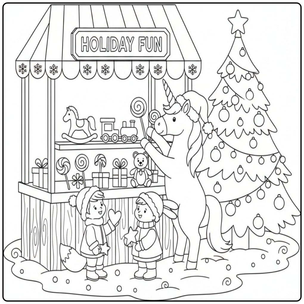 Unicorn Celebrating Party with Children and Christmas Tree coloring page