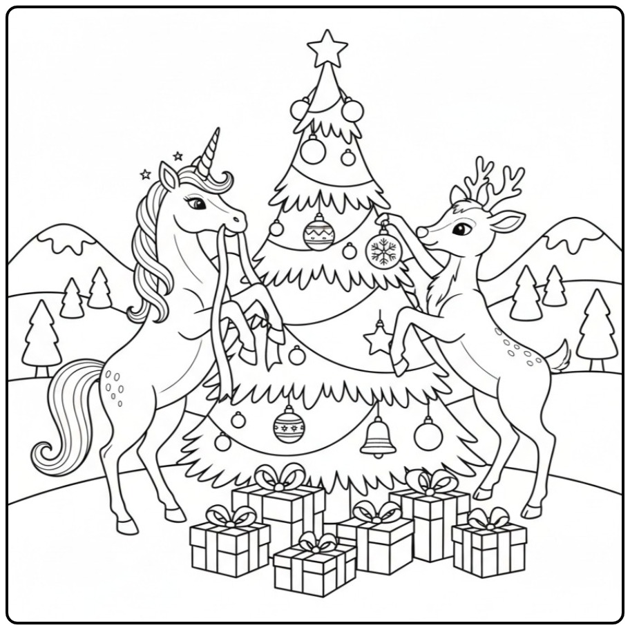 Cheerful Unicorn with Christmas Tree coloring page
