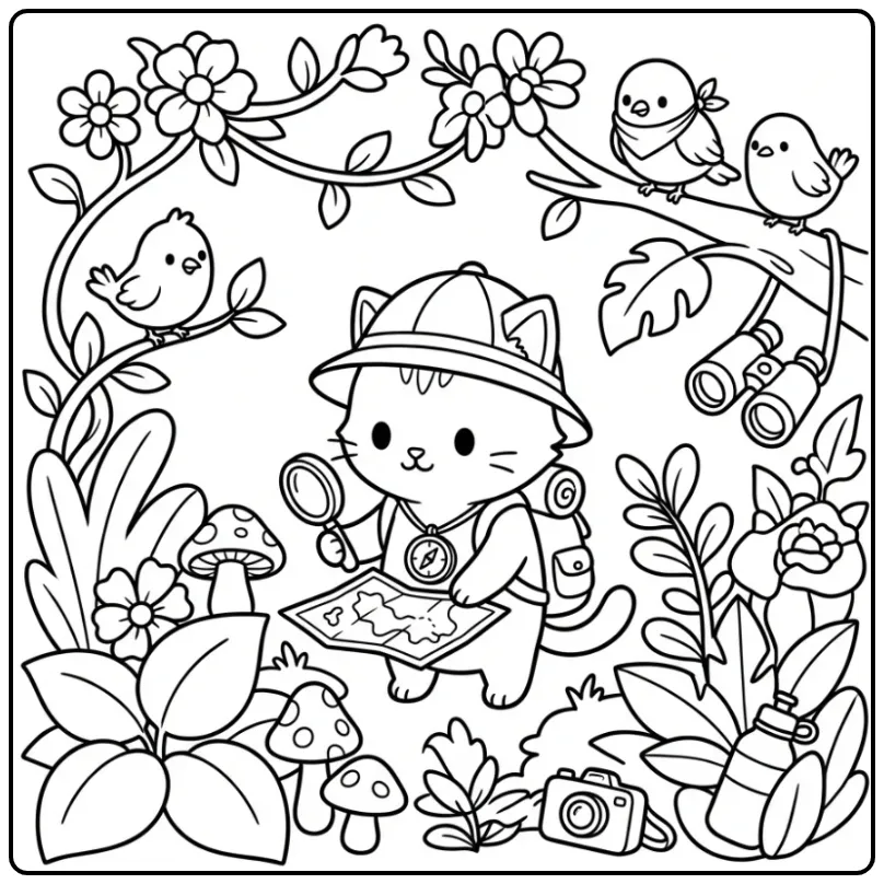 Kitten in the Jungle with Friendly Birds coloring page